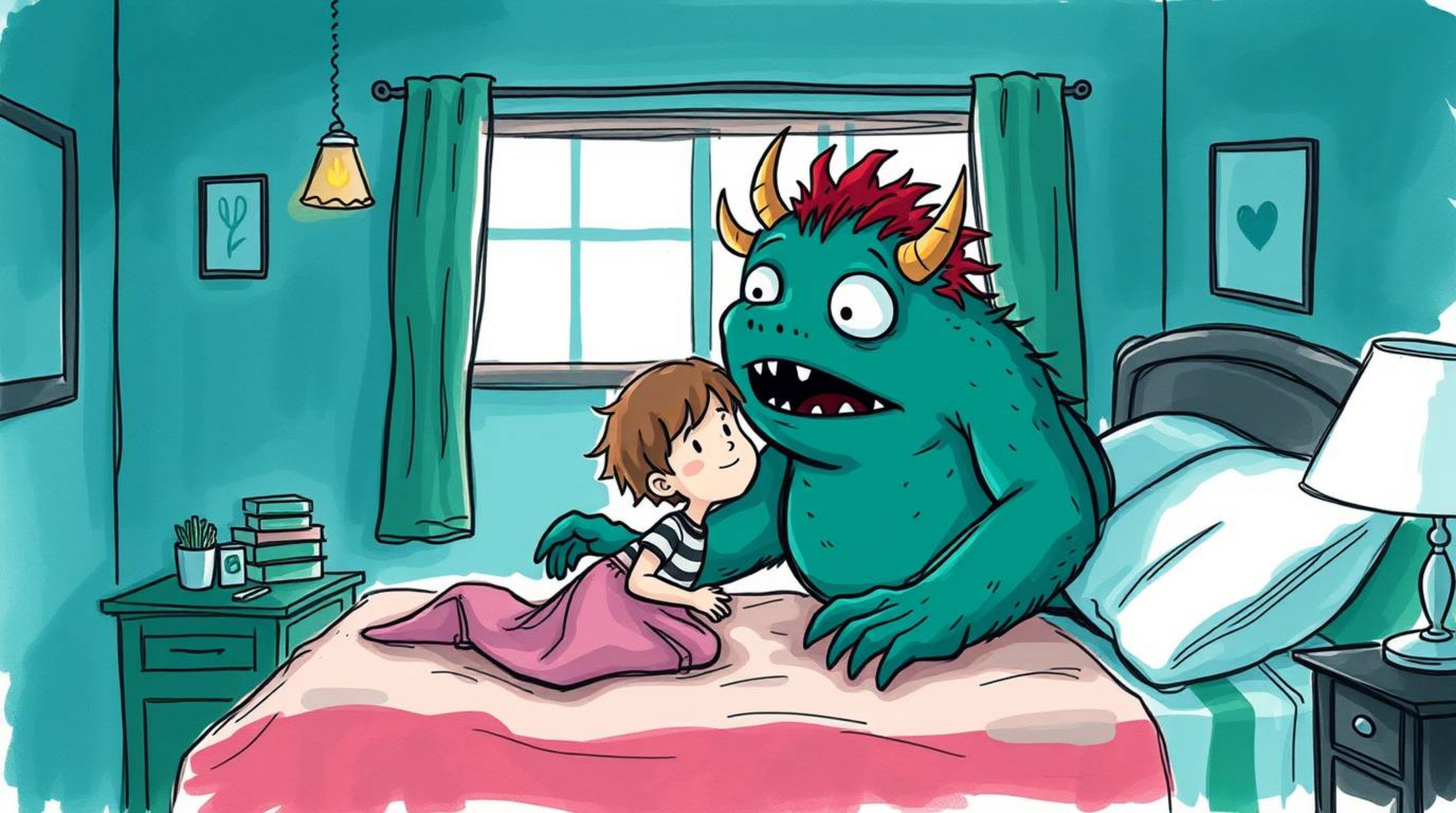 A luxurious and vibrant, hand-drawn color sketchnote style illustration depicting a rich, deep teal monster under the bed for