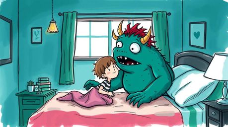 A luxurious and vibrant, hand-drawn color sketchnote style illustration depicting a rich, deep teal monster under the bed for