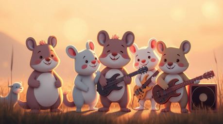 A captivating image of a cartoon animal rock band bathed in warm golden hour light.  Soft pastel colors create a gentle and s
