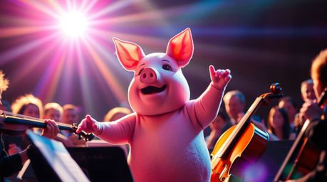 A whimsical and energetic scene depicts a pig character bravely conducting an orchestra.  Bright lens flares and vibrant colo