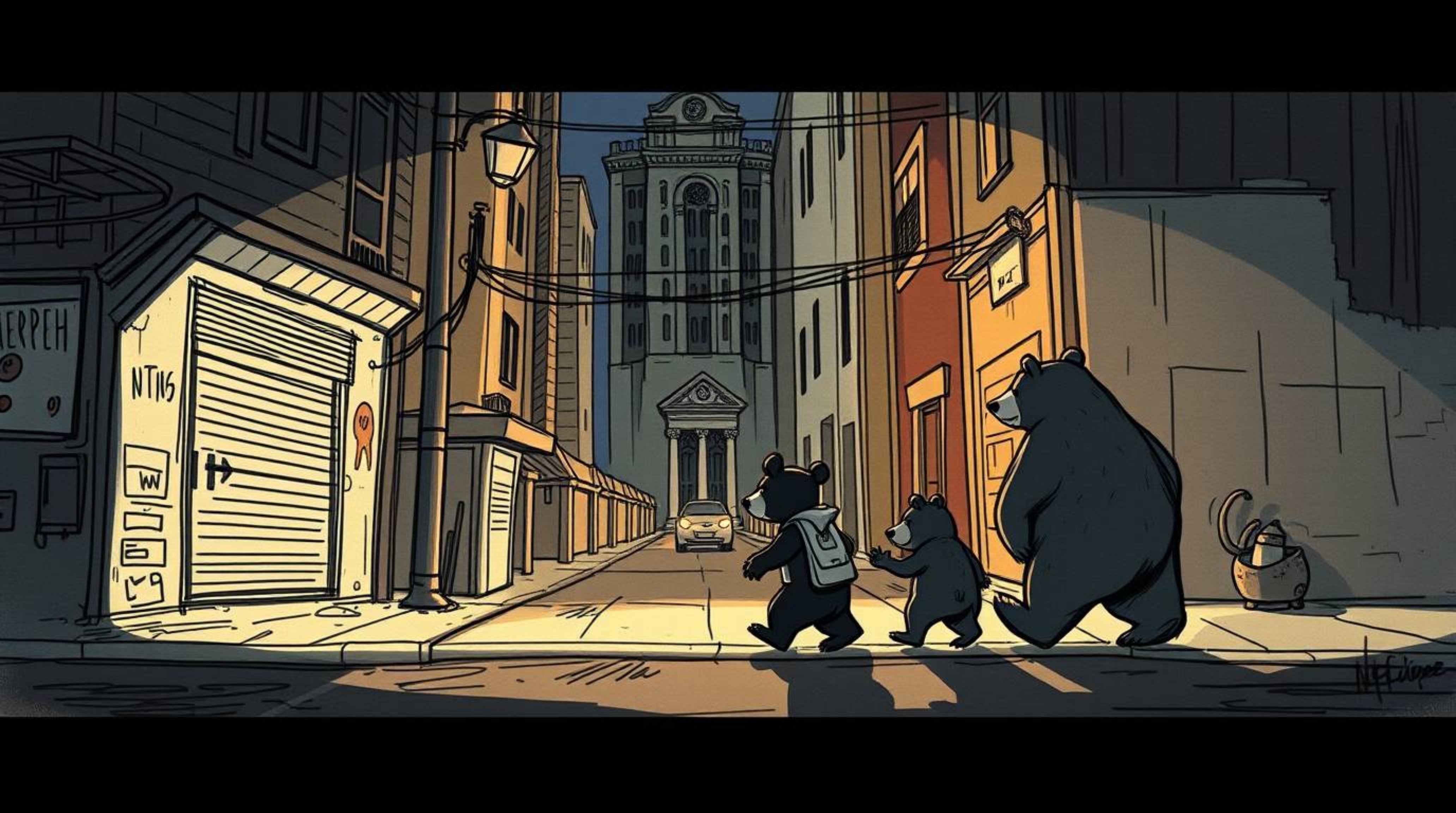 A captivating hand-drawn sketchnote depicts a bear family's unsettling urban adventure.  The artwork employs a striking chiar