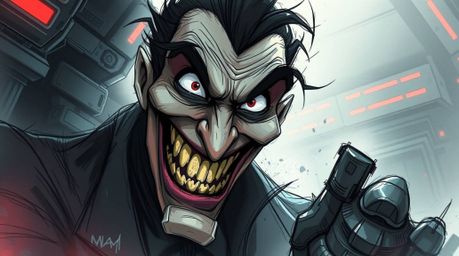 A mischievous villain with expressive eyes experiences a hilarious breakdown within a futuristic, high-tech lair. This dynami