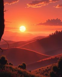Isekai anime-style illustration: Harsh sunlight illuminates misty Tuscan hills at sunset. Expressive composition with strong,