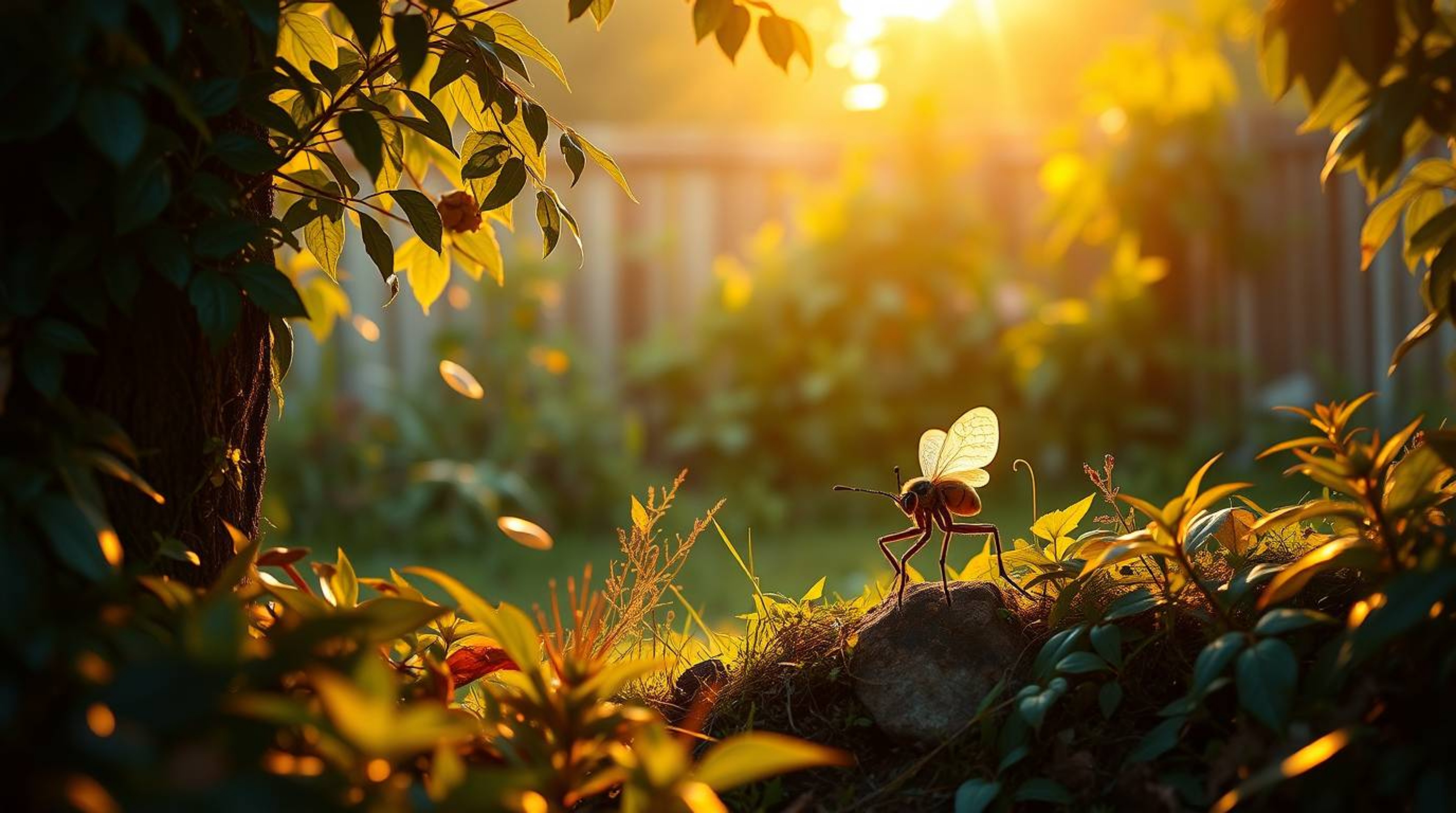 Experience a luxurious and vibrant depiction of a bug-sized hero embarking on an adventure through a lush backyard jungle. Ba