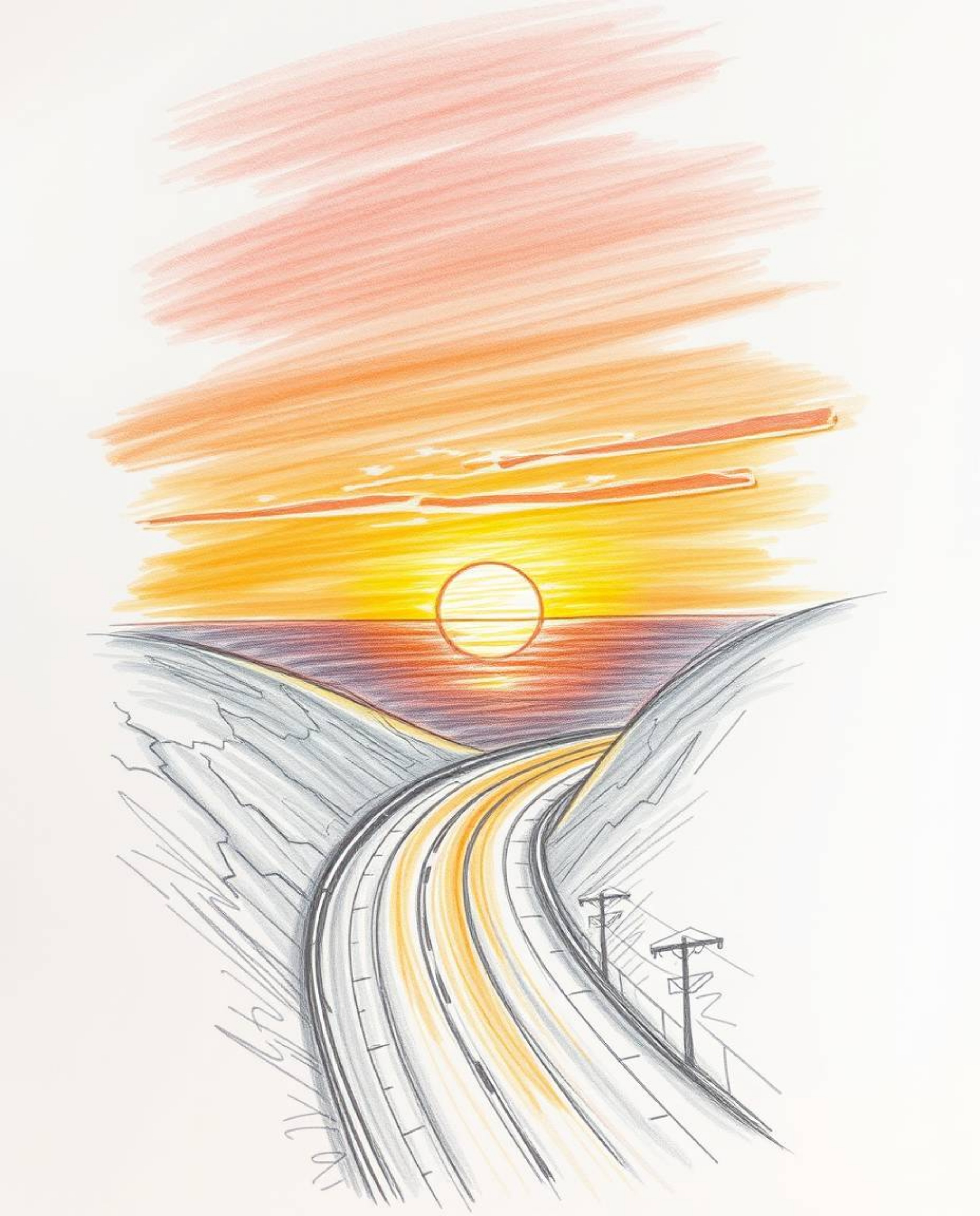 This hand-drawn sketch captures a sunset sky over a winding coastal highway, emphasizing the vibrant sunset colors and the gr