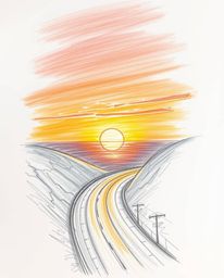 This hand-drawn sketch captures a sunset sky over a winding coastal highway, emphasizing the vibrant sunset colors and the gr