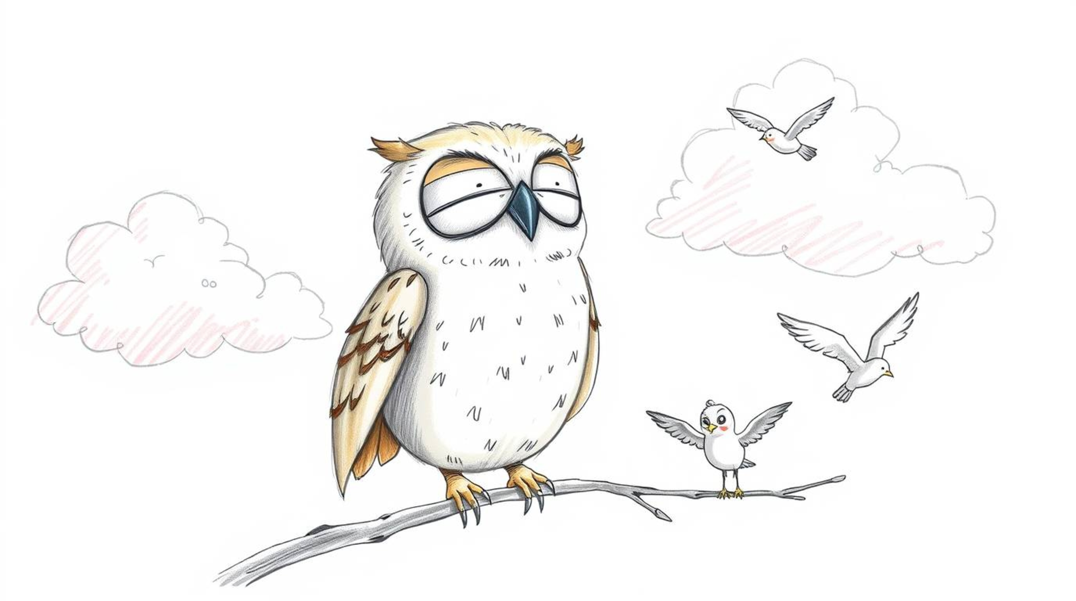 A charming, hand-drawn sketch reminiscent of Pixar animation, depicts a kind, blind owl with gentle features and emotive eyes