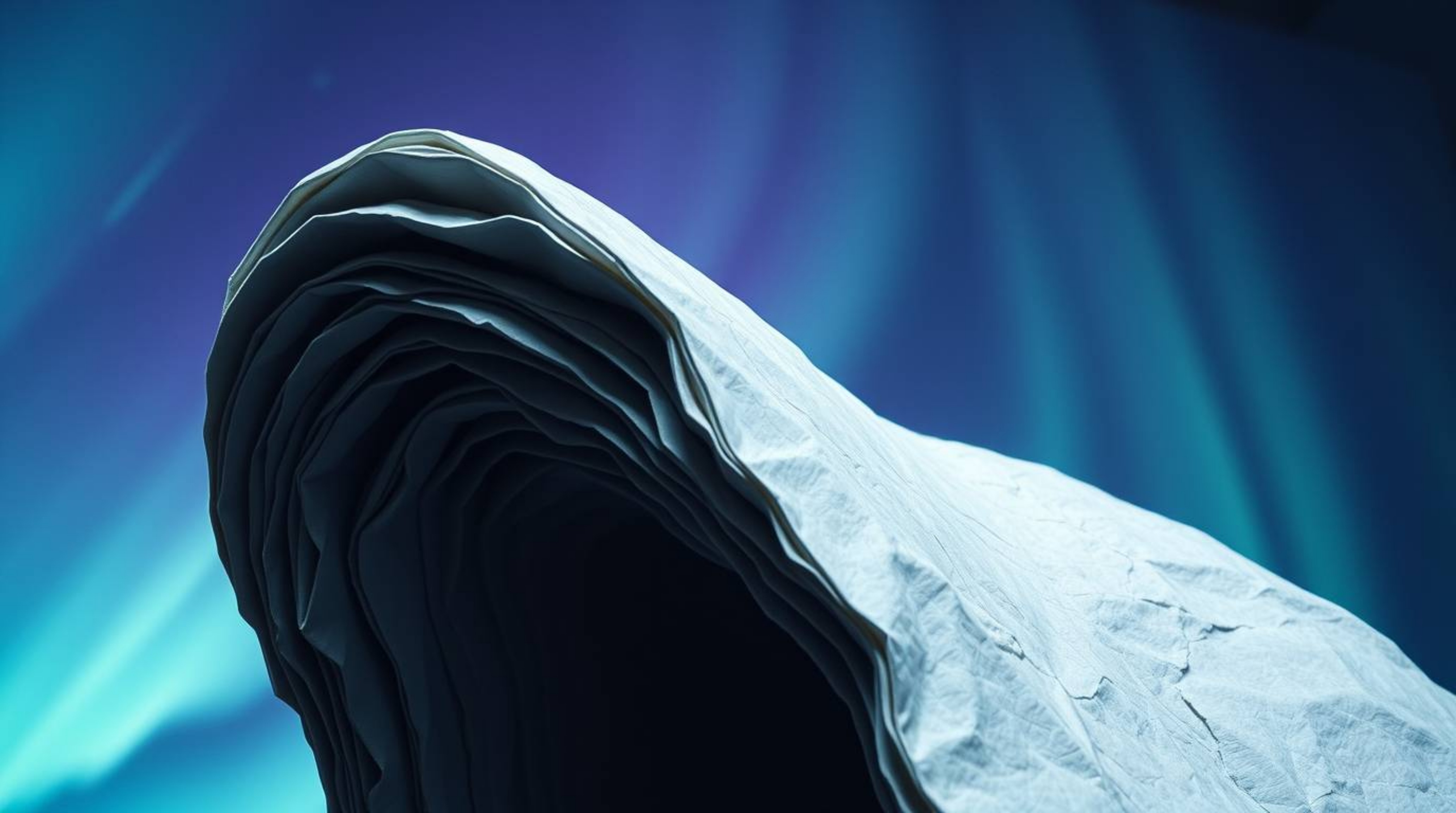 Explore a stunning layered papier-mâché sculpture captured from a low angle perspective, showcasing a captivating aurora bore