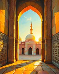 This vibrant painting captures the beauty of Islamic geometric patterns carved in stone, bathed in the warm, complimentary hu