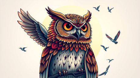 This symbolic traditional tattoo art print features a blind owl, rendered in a soft cinematic haze with vibrant colors and re