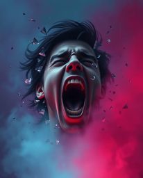 A captivating digital artwork depicting a person screaming as their world fractures into a pixelated landscape.  Immerse your