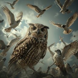 A captivating high-fashion photography piece depicts a blind owl, with exquisitely detailed feathers and piercing white socke