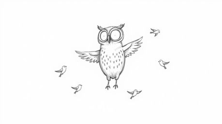 A whimsical hand-drawn sketch reminiscent of Pixar, featuring a serene, blind owl rendered with textured pencil strokes. The 