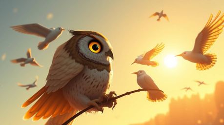 A captivating futuristic sci-fi illustration depicts a Pixar-style blind owl imparting the skill of flight to birds. The owl,