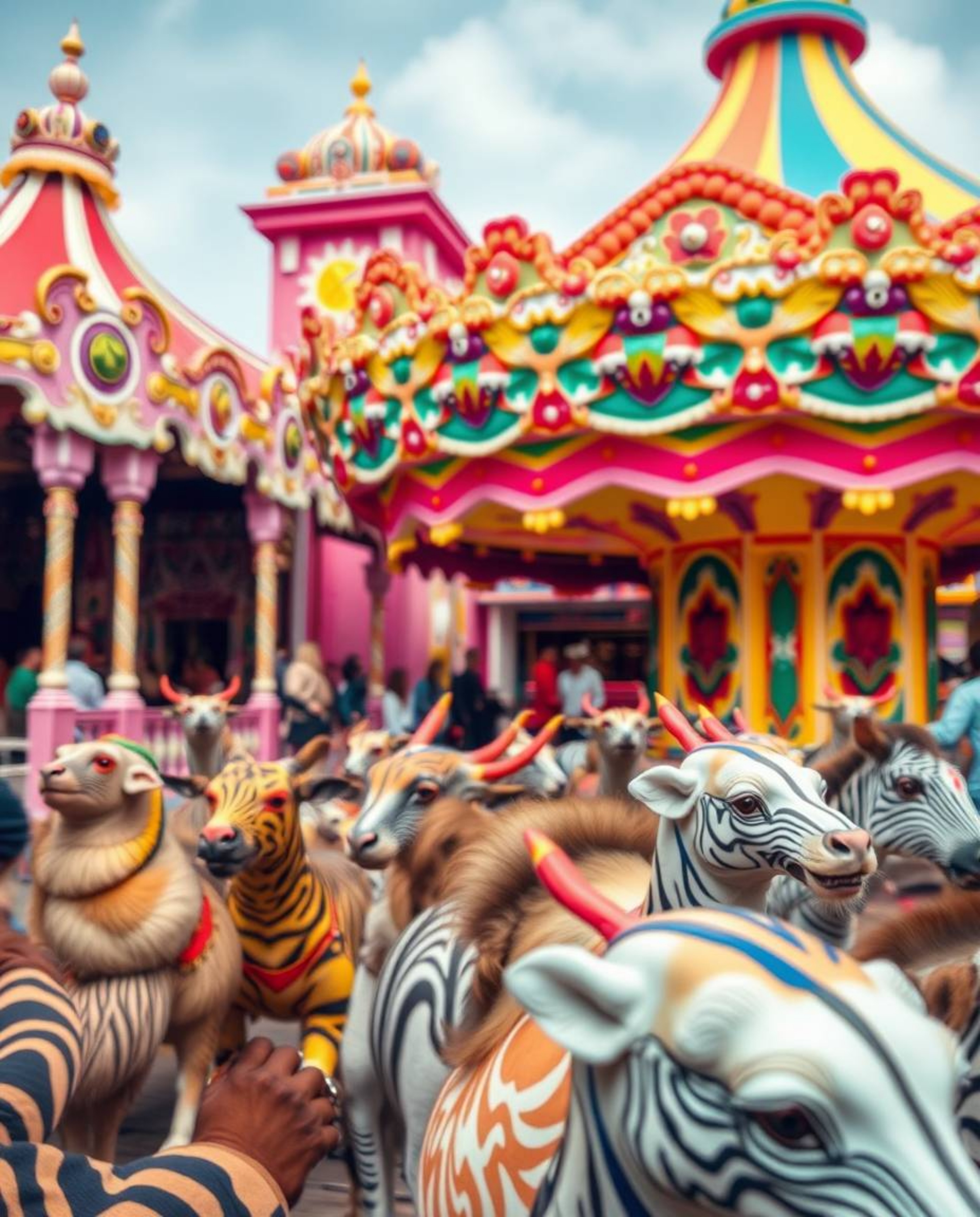 Experience the surreal juxtaposition of precise architectural photography meeting the chaotic energy of a carnival overtaken 
