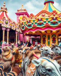 Experience the surreal juxtaposition of precise architectural photography meeting the chaotic energy of a carnival overtaken 