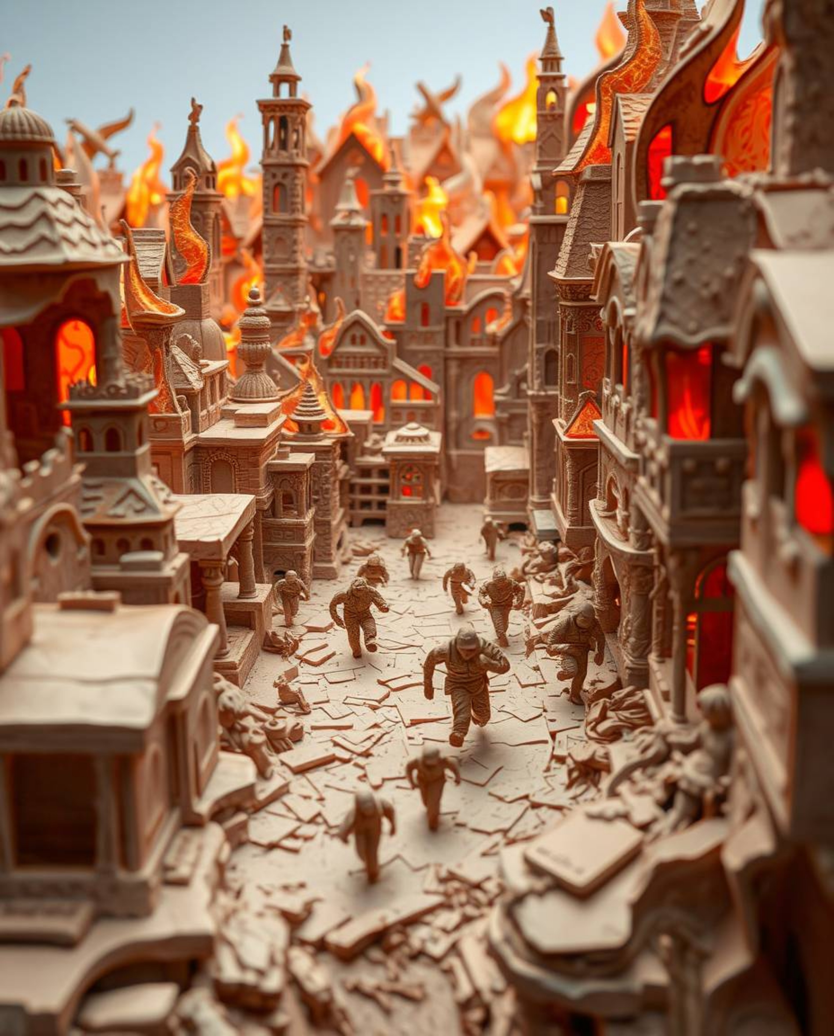 This layered papier-mâché sculpture depicts a dramatic scene of a city engulfed in flames, with people running in all directi