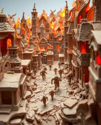 This layered papier-mâché sculpture depicts a dramatic scene of a city engulfed in flames, with people running in all directi