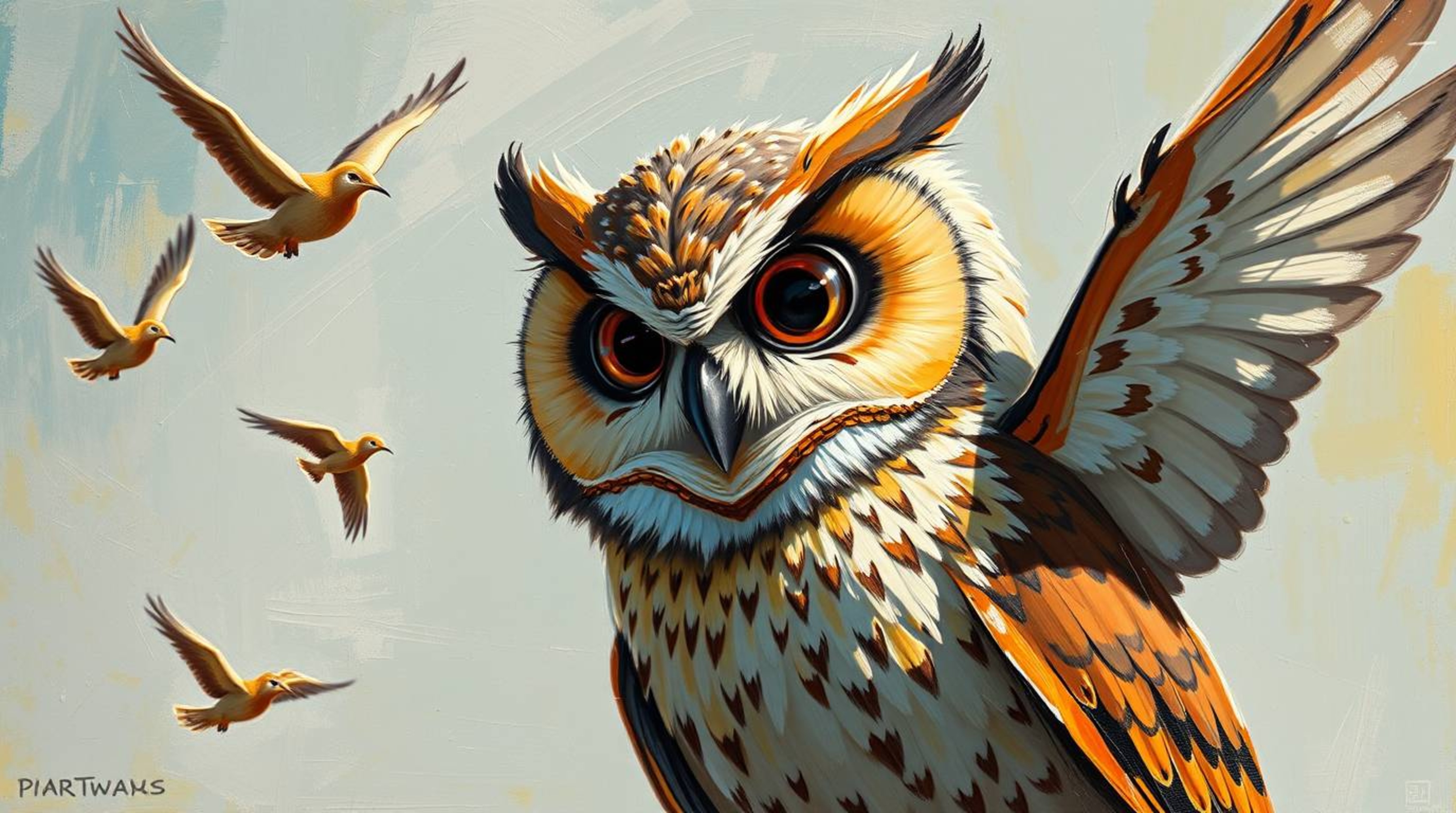 This bold acrylic painting features a blind owl with expressive eyes and vibrant plumage, rendered in a Pixar-inspired style.