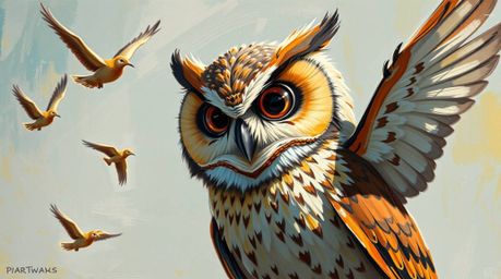 This bold acrylic painting features a blind owl with expressive eyes and vibrant plumage, rendered in a Pixar-inspired style.