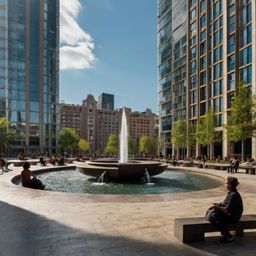 A vibrant urban plaza featuring a striking modern sculpture, refreshing fountains, and ample seating for relaxation. Surroun