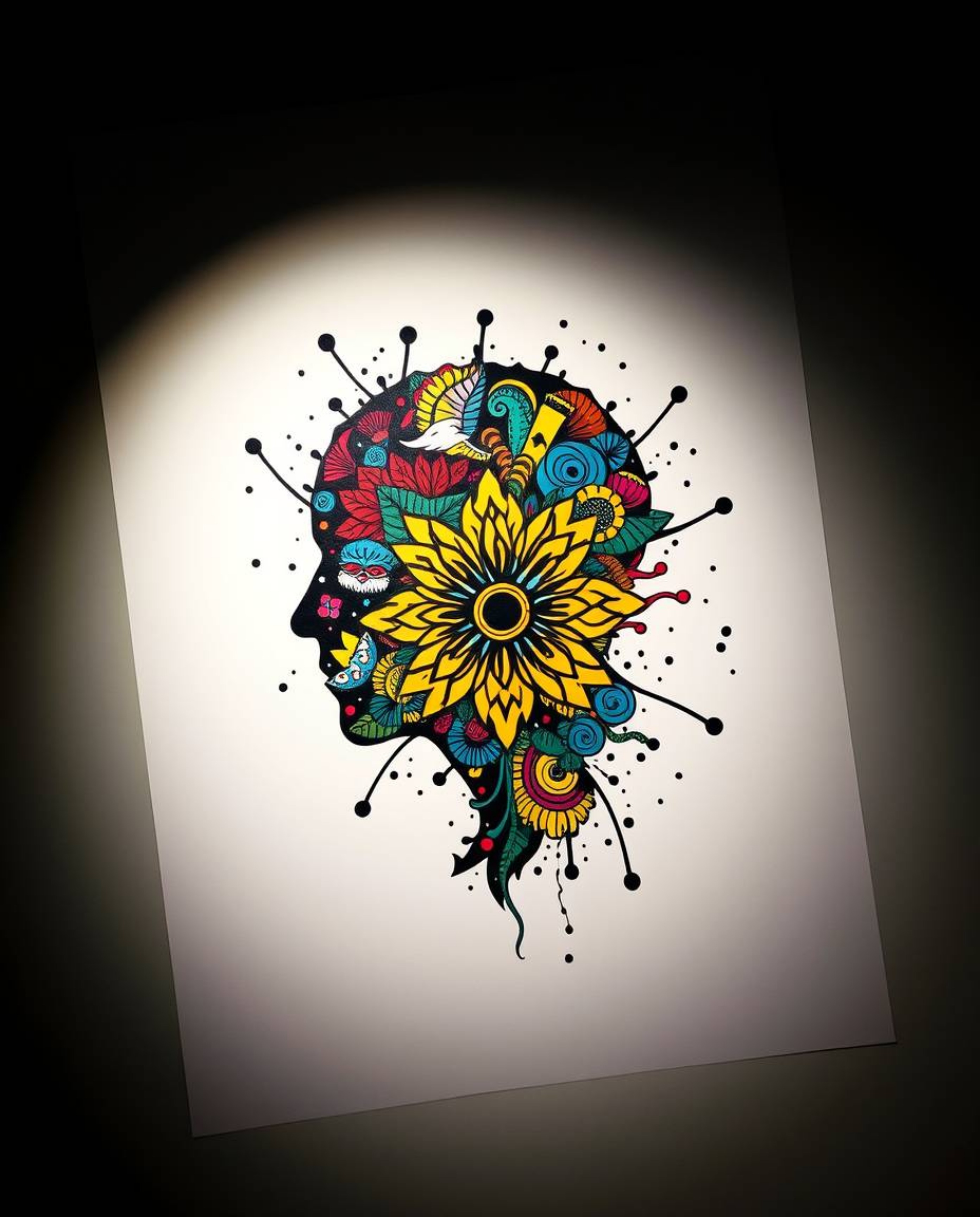 This vibrant art print features a unique high-contrast design.  A human silhouette is formed by colorful splash patterns, cre