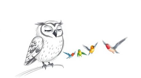 A heartwarming hand-drawn sketch in the style of Pixar depicts a wise, blind owl gently teaching a diverse class of birds to 