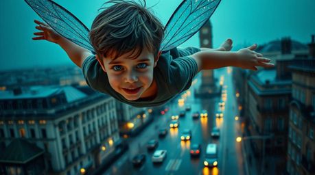 A captivating image depicts a young boy soaring above a rain-soaked London, imbued with pixie dust and bathed in rich, deep t