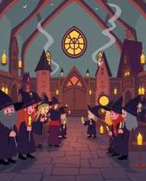 Discover a charming magical school brimming with young wizards, depicted in a captivating modern flat design style.  Warm can