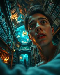 Imagine a breathtaking low-angle shot capturing a person's awestruck expression as they stumble upon a hidden underground lib