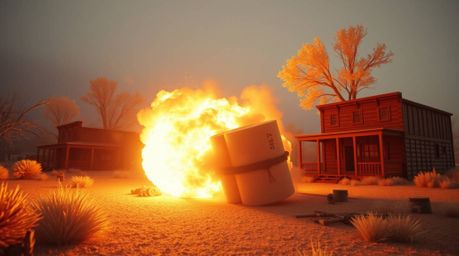 Experience a classic exploding TNT gag set in the Wild West, rendered with surreal infrared tones and bathed in the warm, gol