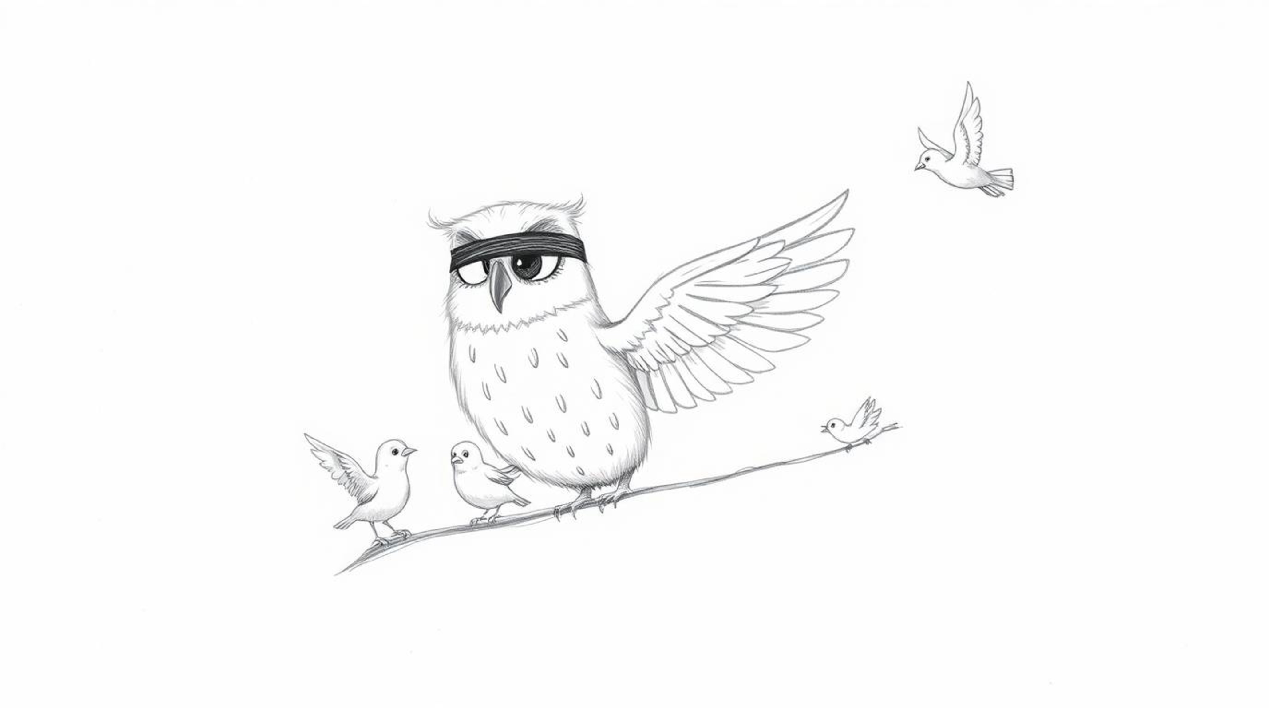 A charming, hand-drawn sketch in a Pixar-esque style portrays a blind owl with incredibly soft downy feathers and a profoundl