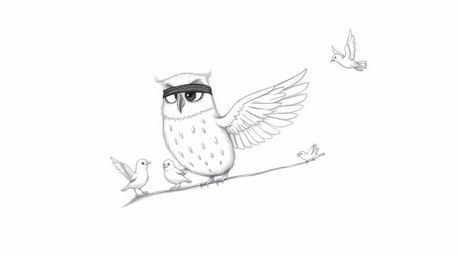 A charming, hand-drawn sketch in a Pixar-esque style portrays a blind owl with incredibly soft downy feathers and a profoundl