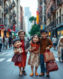 Capture the essence of a heartfelt family reunion in a vibrant urban setting, reminiscent of Pixar's charming animation style
