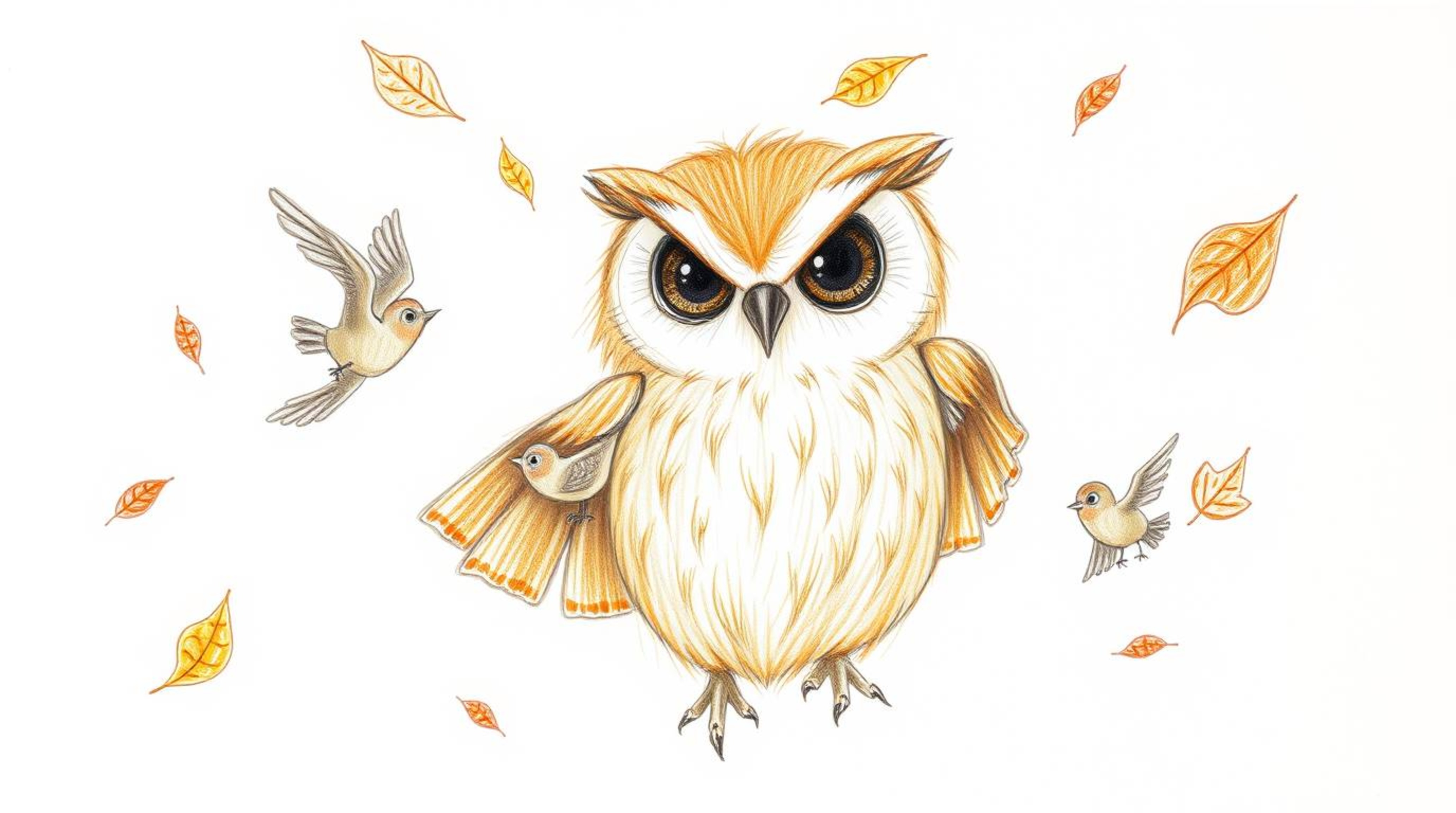 A heartwarming, Pixar-inspired sketch portrays a blind owl with soft, feathery texture guiding small birds as they learn to f