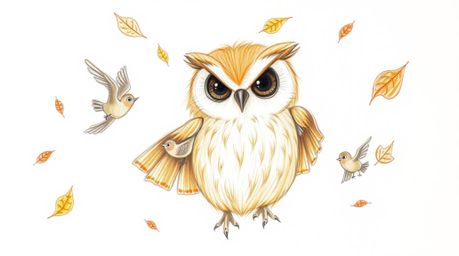 A heartwarming, Pixar-inspired sketch portrays a blind owl with soft, feathery texture guiding small birds as they learn to f