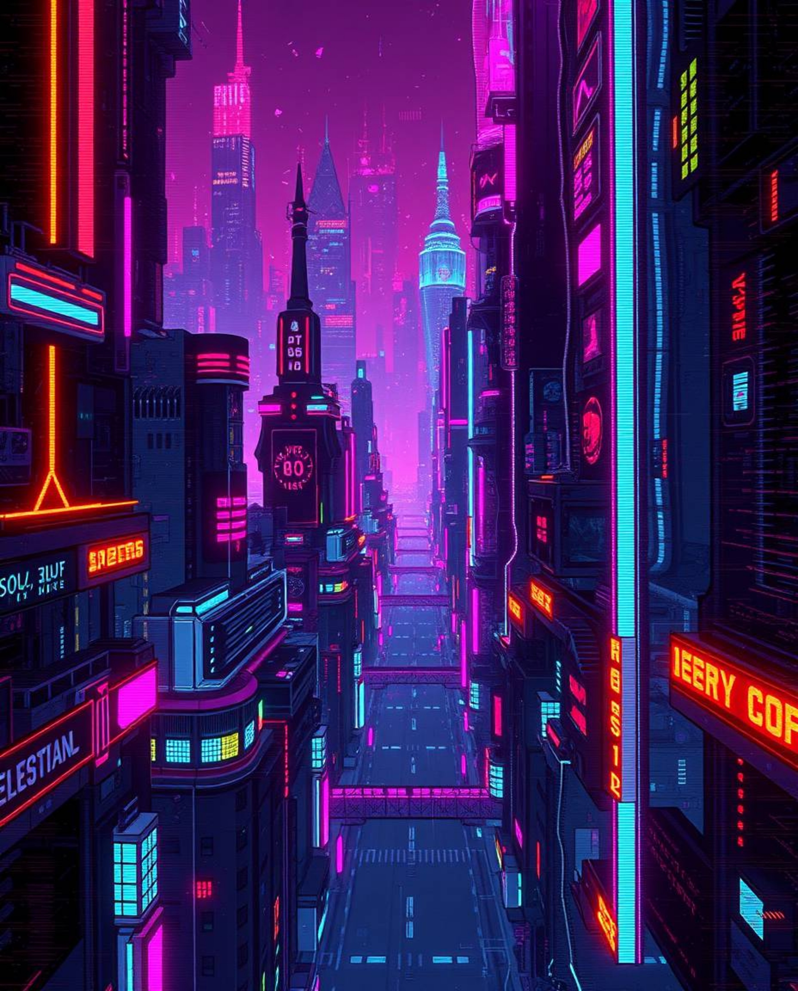 A digital illustration showcases a futuristic city rendered in a glitch aesthetic.  Flickering lights, broken holograms, and 