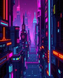 A digital illustration showcases a futuristic city rendered in a glitch aesthetic.  Flickering lights, broken holograms, and 
