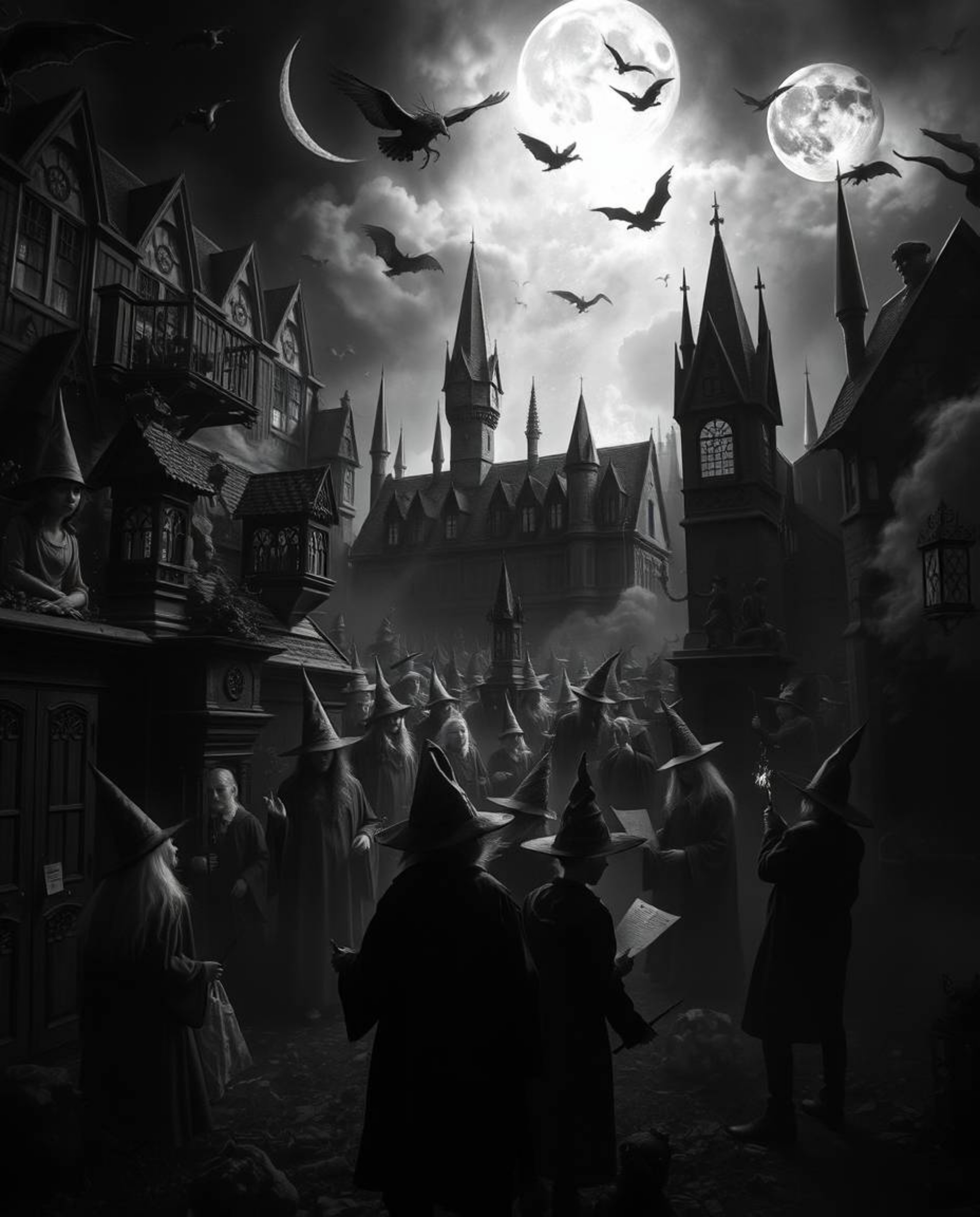 Explore a dreamlike, high-contrast world in this black and white image of a magical school brimming with young wizards. Fanta