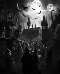 Explore a dreamlike, high-contrast world in this black and white image of a magical school brimming with young wizards. Fanta