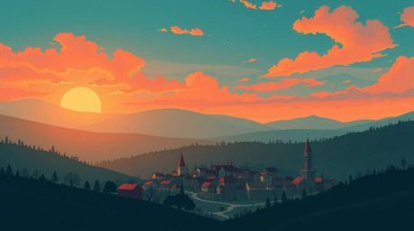 A captivating illustration showcases a cozy village nestled in a picturesque valley, bathed in the warm glow of a colorful su