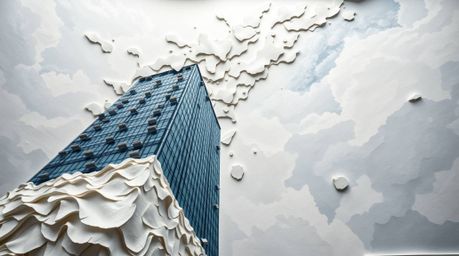 A captivating papier-mâché artwork presents a modern glass building dissolving into a dramatic stormy sky. This high-angle pe