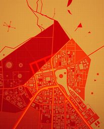 Experience a captivating abstract city map rendered in geometric shapes, showcasing a dramatic top-down perspective.  The cin