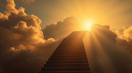 A captivating photograph depicting a surreal stairway gracefully ascending through ethereal smoky clouds towards a radiant ce