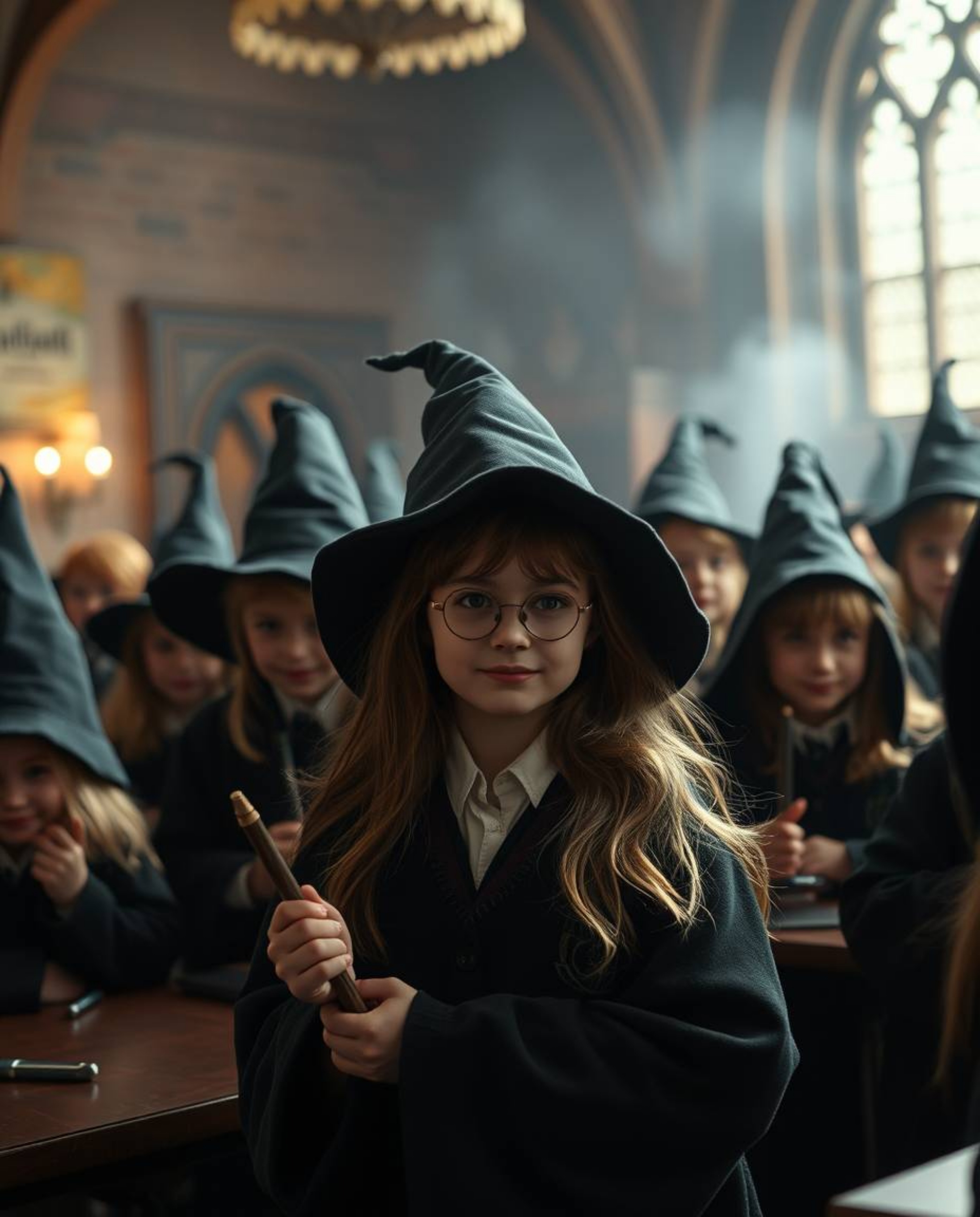 Immerse yourself in the enchanting world of a magical school with this high-resolution stock photo, featuring young wizards i