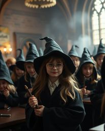 Immerse yourself in the enchanting world of a magical school with this high-resolution stock photo, featuring young wizards i
