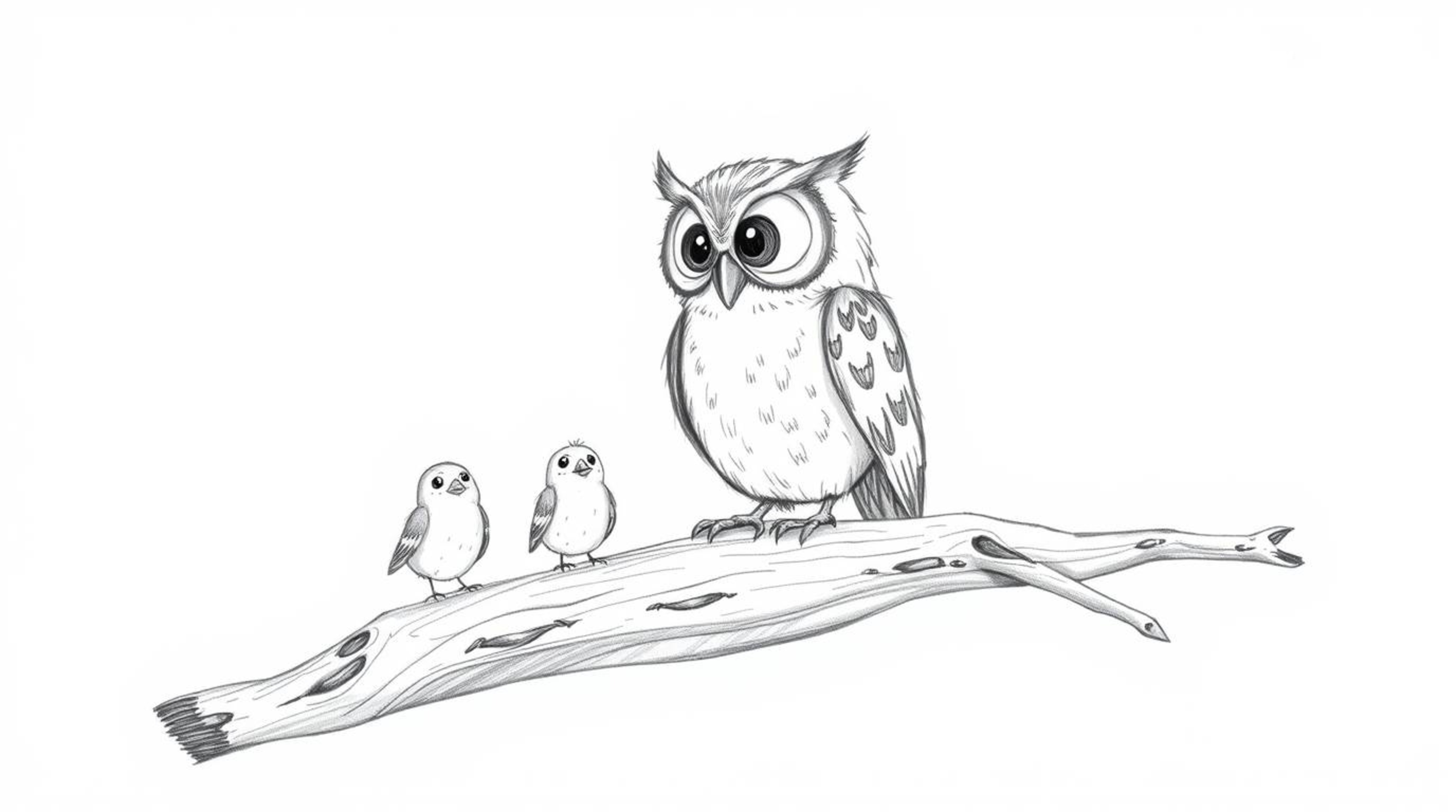 A heartwarming hand-drawn sketch in the style of Pixar features a blind owl with large, expressive eyes patiently guiding fle