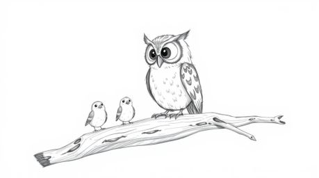 A heartwarming hand-drawn sketch in the style of Pixar features a blind owl with large, expressive eyes patiently guiding fle