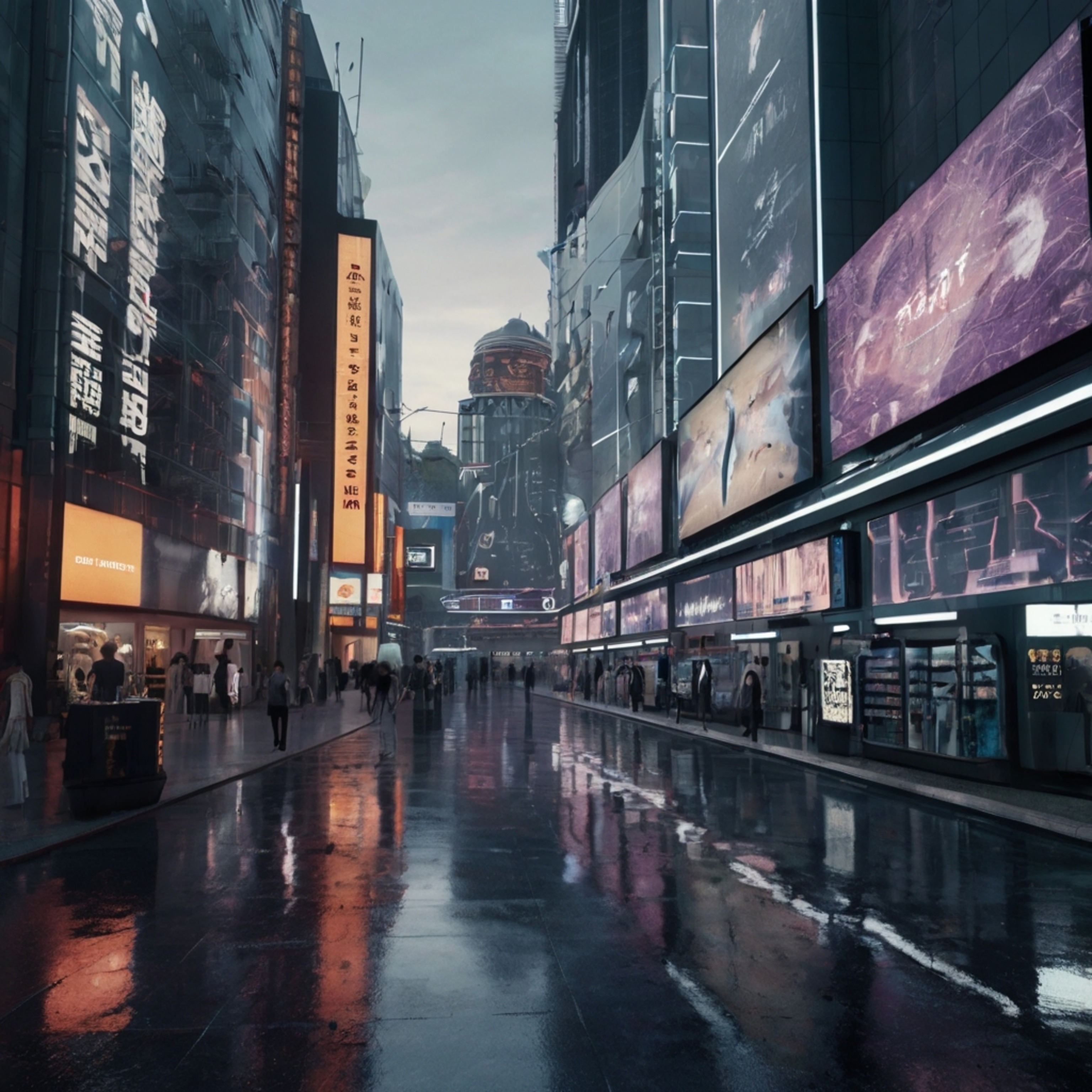 Imagine a vibrant shopping district of the future, where digital billboards illuminate the streets, stores boast transparent 