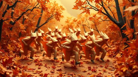 Experience an intricate origami chase scene bathed in warm autumn colors, brought to life with exaggerated squash and stretch